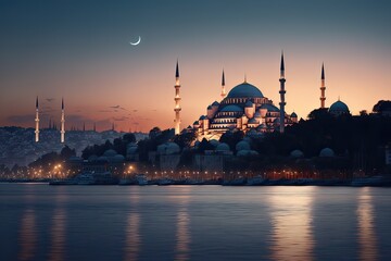 Fototapeta premium View of Blue Mosque and Hagia Sofia at Sunset from Uskudar, Istanbul, Turkey. Photo generative AI