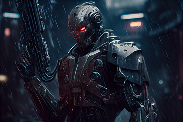 Robot with guns in rainy weather in the city. Generative AI