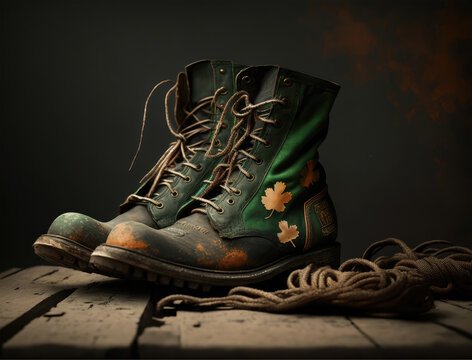 Green leprechaun boots, leprechaun shoes on a dark brown background. St. Patrick's Day concept. Irish holiday wallpaper. Generative ai illustration