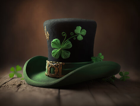 Green leprechaun hat with four-leaf clover and shamrock on a brown wooden table. St.Patrick 's Day concept. Generative ai illustration