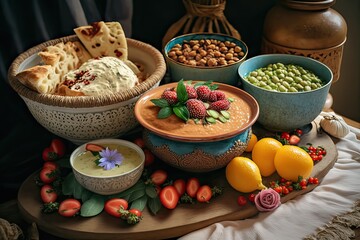 Fototapeta na wymiar Vegetarian Arabic Buffet: Dips & Bread Basket. Photo generative AI