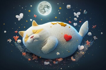 Happy fluffy cat sleeps on the cloud under the moon on the dark-blue background. - obrazy, fototapety, plakaty
