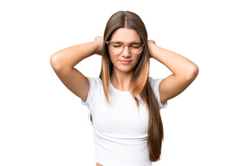 Teenager caucasian girl over isolated background frustrated and covering ears