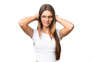 Teenager caucasian girl over isolated background frustrated and covering ears