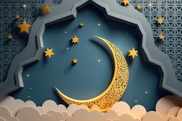Origami design paper craft Ramadan card with crescent moon & stars. Photo generative AI