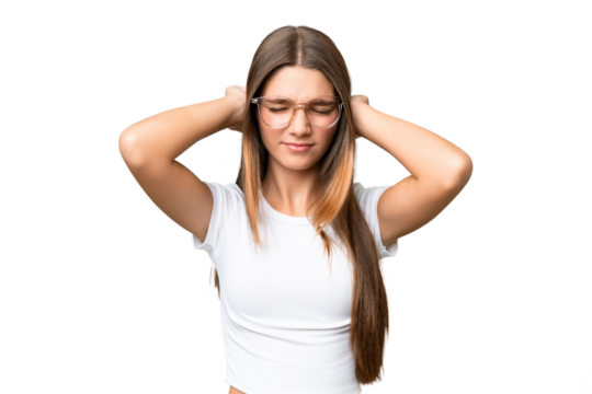 Teenager caucasian girl over isolated background frustrated and covering ears