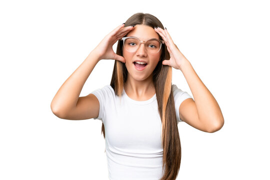 Teenager caucasian girl over isolated background with surprise expression
