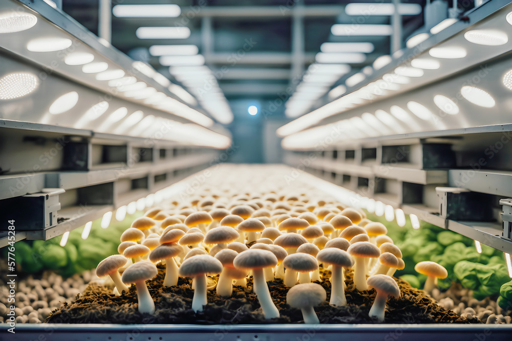 Wall mural organic mushrooms growing on modern mushroom farm with smart technologies. high-tech greenhouse for 