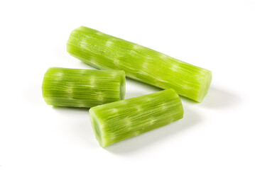 Fresh peeled asparagus lettuce isolated on white background.