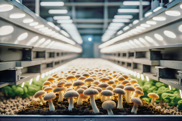 Organic mushrooms growing on modern mushroom farm with smart technologies. high-tech greenhouse for mushroom cultivation. Natural mushroom production industry. Generation ai