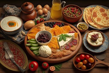 Fototapeta na wymiar Turkish Spread Breakfast Plate. Photo generative AI