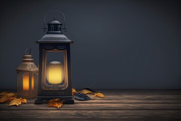 Black Lanterns on Wooden Dark Background. Photo generative AI