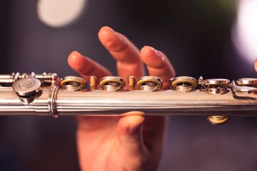 A portrait of the fingers of a hand of a flutist musician releasing the pressed valves of a metal...