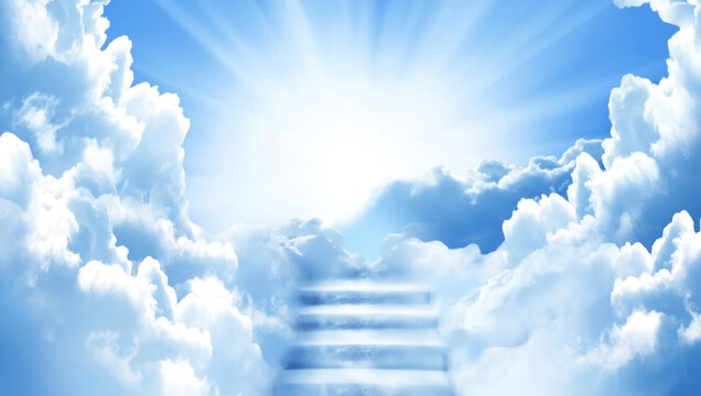 Stairway to Heaven.Stairs in sky. Concept with sun and clouds. Religion background with copy space. © Lilya
