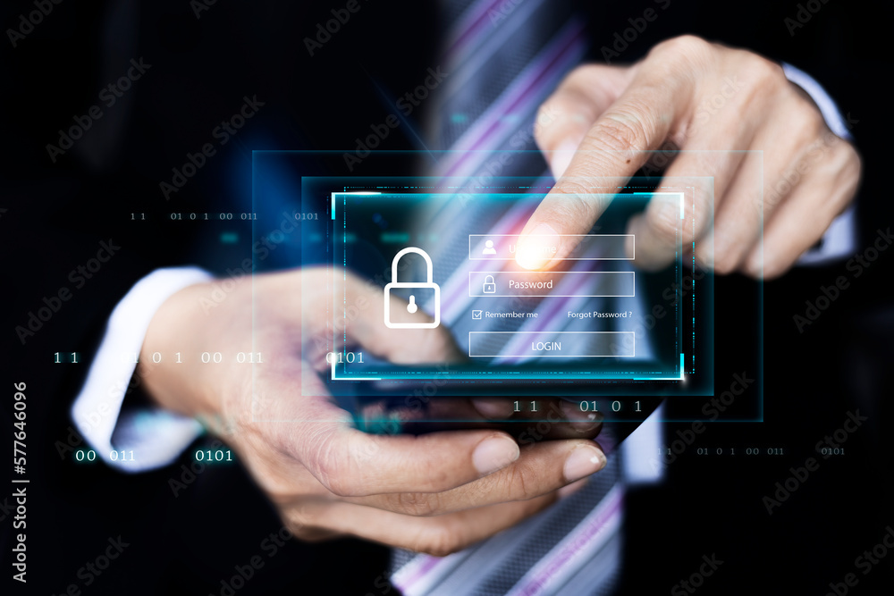 Poster cyber security concept, login and password data protection and secured internet access, cybersecurit
