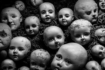 Scary old doll heads, creepy doll faces, black and white image. Close up, top down view, grunge horror background.
