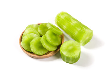 Fresh peeled asparagus lettuce isolated on white background.