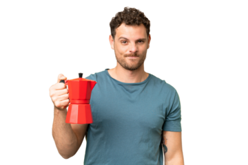 Brazilian man holding coffee pot over isolated chroma key background with sad expression