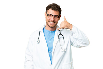 Brazilian doctor man over isolated chroma key background making phone gesture. Call me back sign