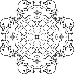 Hand Drawn snowman, coffee cups, and Christmas socks mandala. Doodle art for Merry Christmas or Happy new year card. Coloring page for adults and kids.

