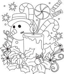 Hand-drawn doodle art. Snowman, candles and christmas cartoon for Merry Christmas or Happy new year card. Coloring page for adults and kids.
