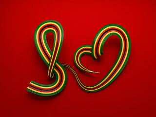 Zimbabwean flag heart shaped wavy ribbon on red. 3d illustration