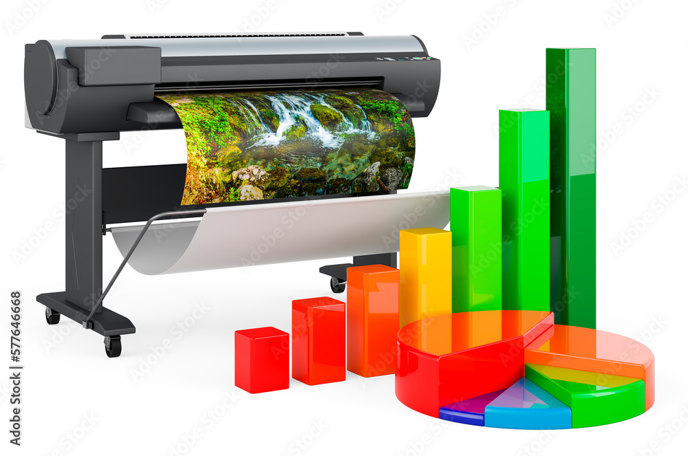 Poster plotter, large format inkjet printer with growth bar graph and pie chart. 3d rendering