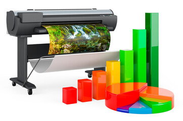 Plotter, large format inkjet printer with growth bar graph and pie chart. 3D rendering