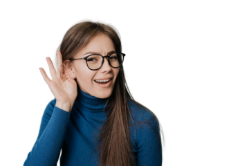 I can’t hear you! Pretty caucasian young female in glasses holding hand above ear asking to be louder over transparent background. Pretty student girl wants to go to party, mockup for breaking news.