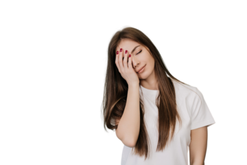 A tired, sleepy woman holds her head by hand, with a sad expression on her face, closes her eyes, can't wake up in morning and go to work on a difficult, hard Monday. isolated transparent background