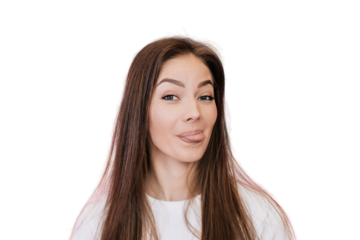 Don’t worry, be happy! Close up of attractive young woman with loose hair showing tongue, having fun against transparent background. Happy people concept. Let’s play. Cheerful Italian female fooling