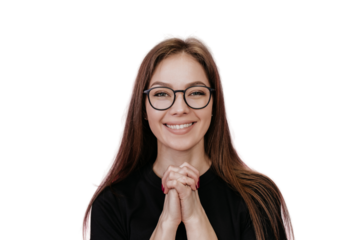 Close-up portrait of a young female student with glasses in black T-shirt, who puts her hands together,  looks at camera with gratitude, on transparent background. Italian girl happy with new glasses