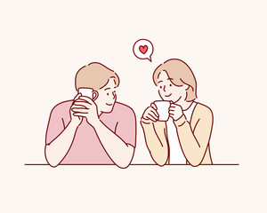 Couple in love drinking coffee. Hand drawn style vector design illustrations.