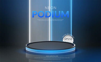 Geometric shape podium with blue neon light on blue and white beam line background. Vector illustration
