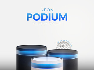 Three step black and white stage podium with blue neon light on white background, vector illustration