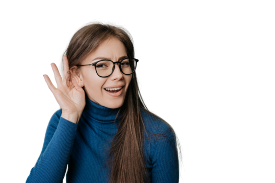 I can’t hear you! Pretty caucasian young female in glasses holding hand above ear asking to be louder over transparent background. Pretty student girl wants to go to party, mockup for breaking news. - Powered by Adobe