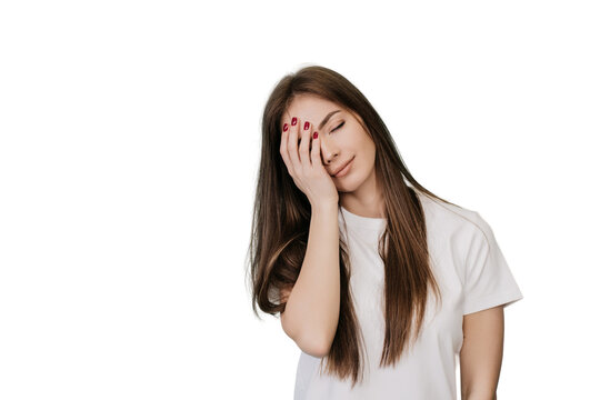 A tired, sleepy woman holds her head by hand, with a sad expression on her face, closes her eyes, can't wake up in morning and go to work on a difficult, hard Monday. isolated transparent background