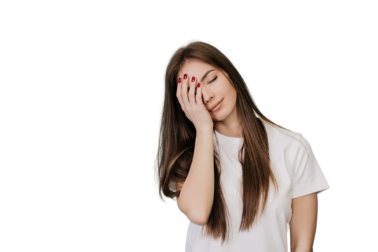 A tired, sleepy woman holds her head by hand, with a sad expression on her face, closes her eyes, can't wake up in morning and go to work on a difficult, hard Monday. isolated transparent background