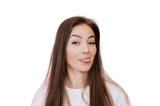 Don’t worry, be happy! Close up of attractive young woman with loose hair showing tongue, having fun against transparent background. Happy people concept. Let’s play. Cheerful Italian female fooling - Powered by Adobe