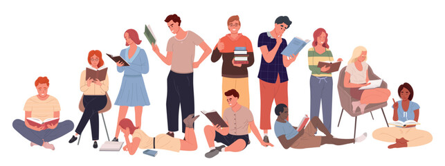 Group of people reading books. Literature fans vector flat illustration. Students studying and preparing for examination. 
