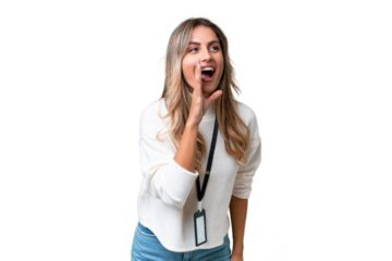 Young Uruguayan woman with ID card over isolated background shouting with mouth wide open to the side