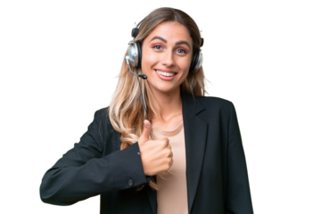 Telemarketer pretty Uruguayan woman working with a headset over isolated background giving a thumbs up gesture