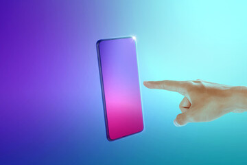 Human hand pointing mobile phone screen