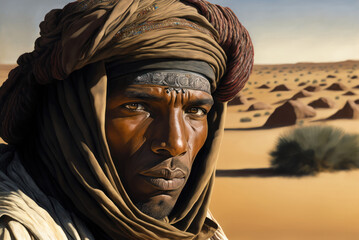 Obraz premium Tuareg man portrait close up, desert background. Generative AI
