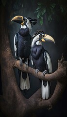 two hornbills on branch generative ai