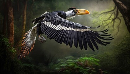 Flying yellow billed hornbill generative ai