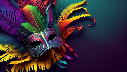 Realistic luxury carnival fashion mask feathers abstract background with copy space, Generative AI