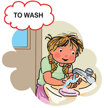 child washing his hands at the sink, hand drown vector illustration,