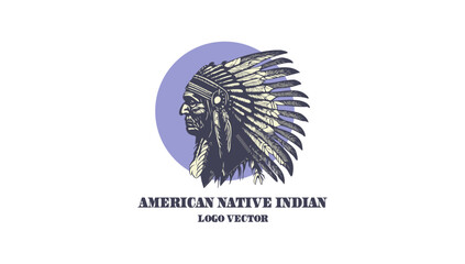 Vector logo, profile portrait of an American native Indian wearing a crown of bird feathers with a blue circle. White isolated background. Emblem, icon or sticker.