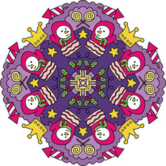 Hand Drawn Christmas snowmans gloves mandala. Doodle art for Merry Christmas or Happy new year card. Coloring page for adults and kids.
